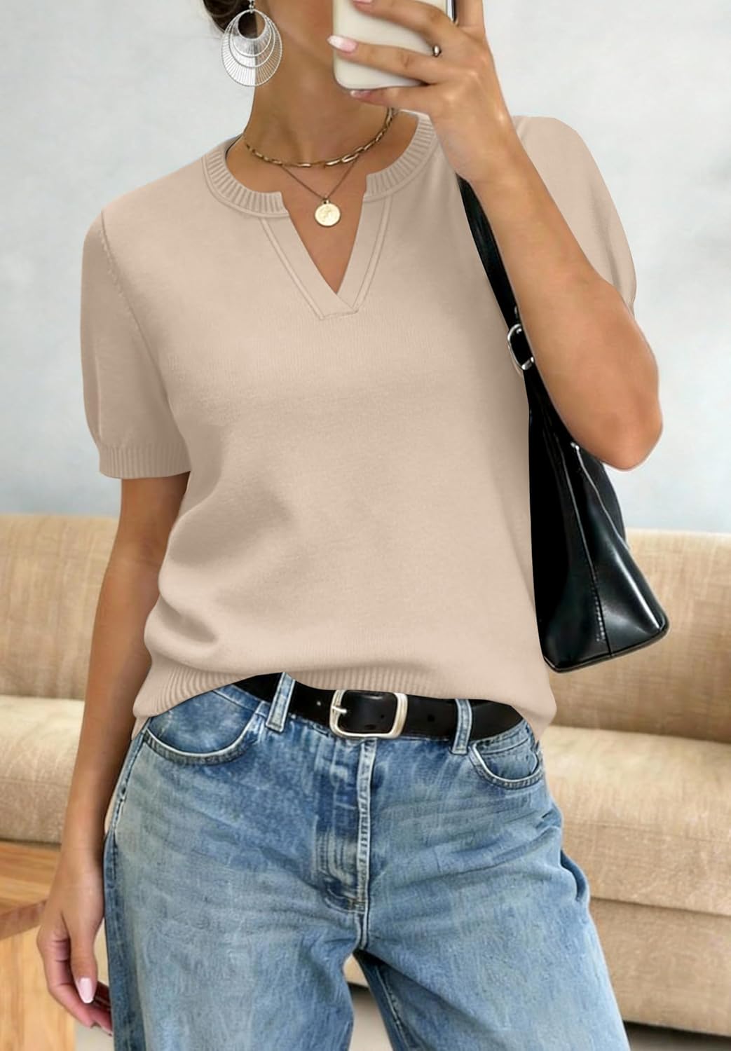 WIHOLL Short Sleeve Sweater Tops 2026 Spring Summer Trendy Knit Business Casual Essential V Neck Sweaters