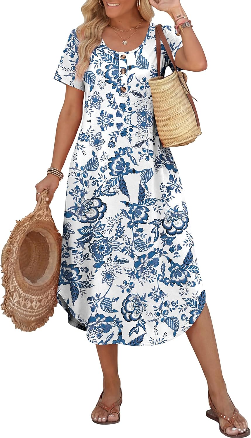 OFEEFAN Summer Dresses for Women 2026 Casual Midi Dresses Beach Vacation Outfits Tshirt Dress with Pockets Resort Wear