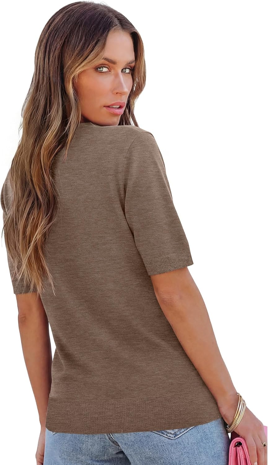 RUMIA Short Sleeve Sweaters for Women Lightweight Loose Business Casual Tops (XS-XXL)
