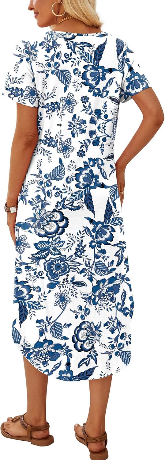 OFEEFAN Summer Dresses for Women 2026 Casual Midi Dresses Beach Vacation Outfits Tshirt Dress with Pockets Resort Wear