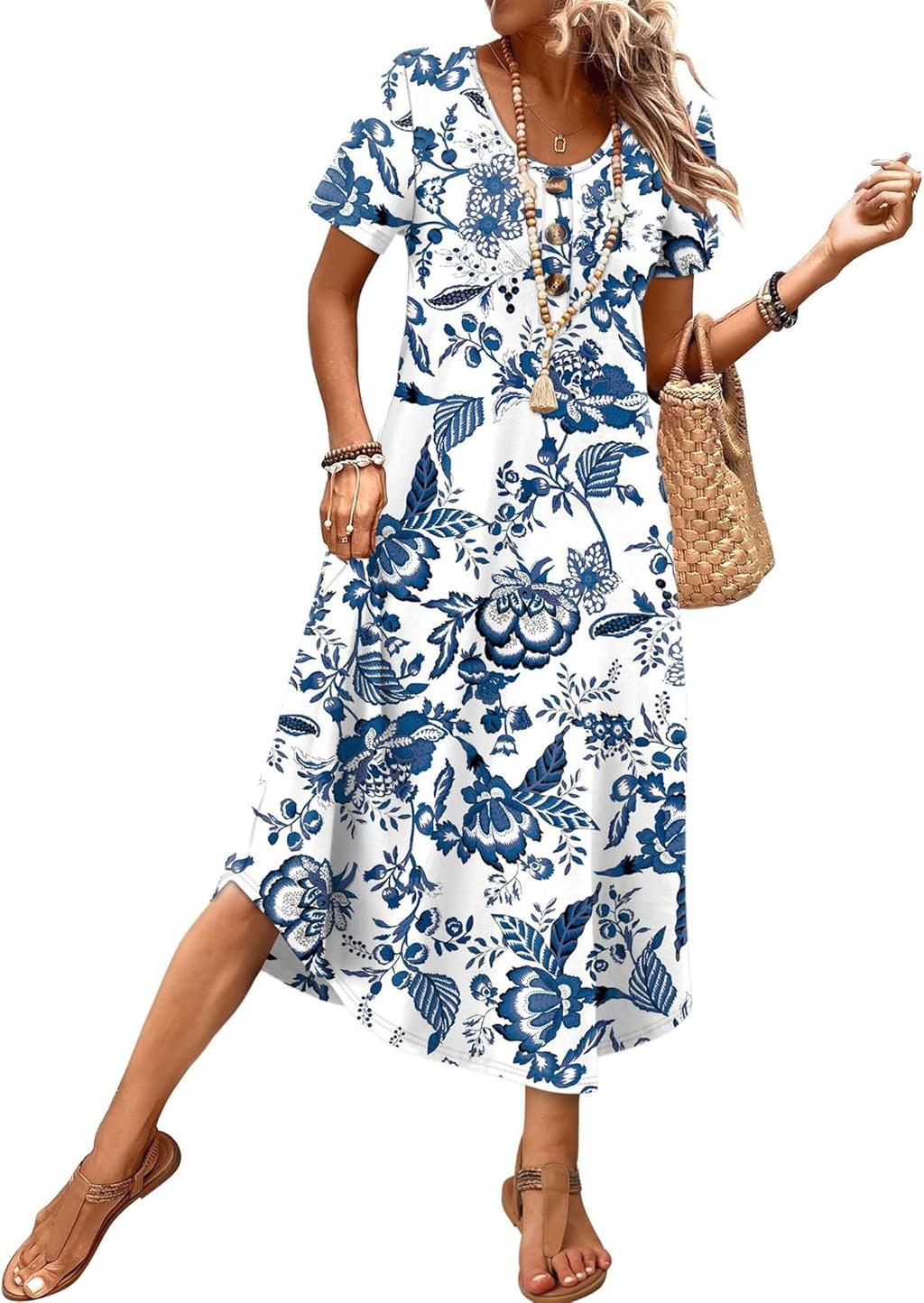OFEEFAN Summer Dresses for Women 2026 Casual Midi Dresses Beach Vacation Outfits Tshirt Dress with Pockets Resort Wear