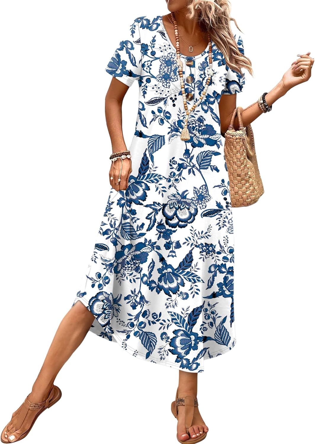 OFEEFAN Summer Dresses for Women 2026 Casual Midi Dresses Beach Vacation Outfits Tshirt Dress with Pockets Resort Wear